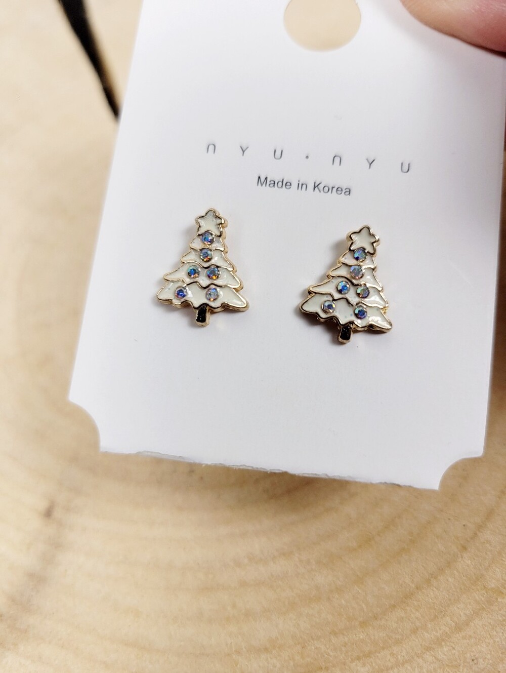 Brand New Gold Tone White Christmas Tree Stud Earrings